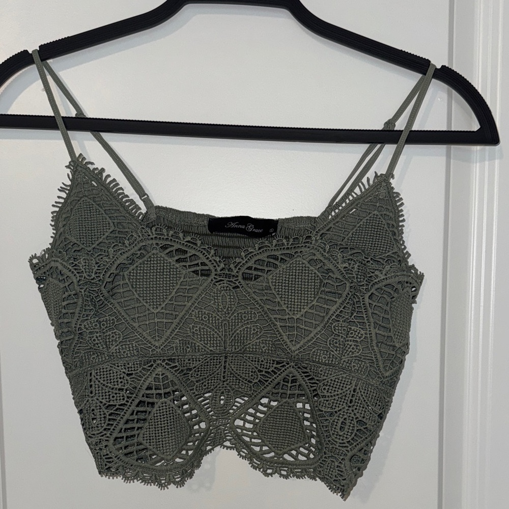 Anna Grace Sage Green Crochet Crop Top